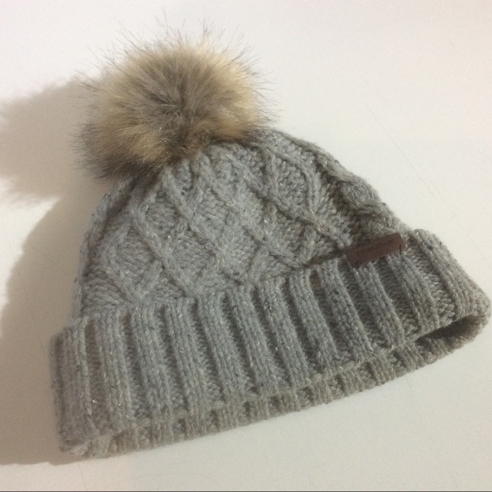 Pendleton Lamb's Wool Blend Grey Knit Beanie Brown Pom Pom Flip Cuff One Size